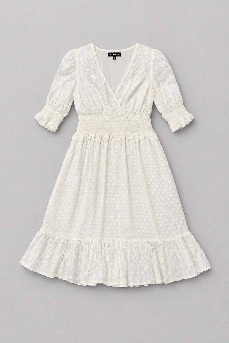Express Swiss Dot Mini Dress Size S White V-Neck Smocked Waist Ruffle